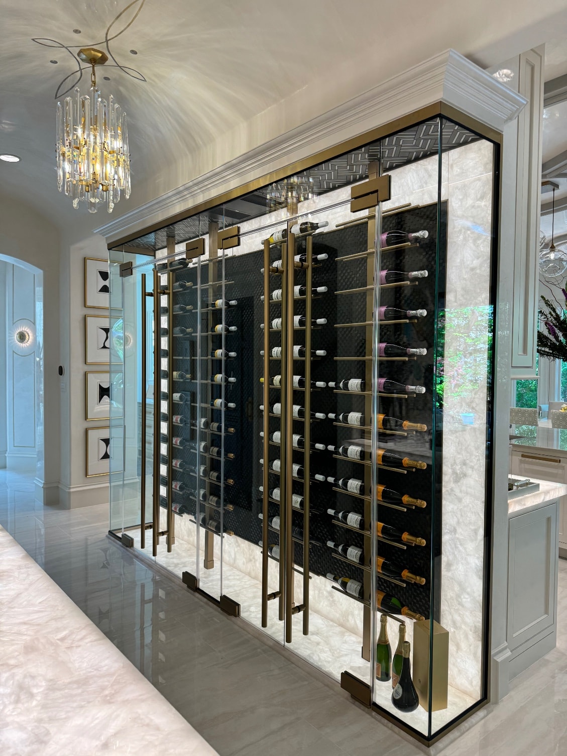 Custom glass wine display with metal details
